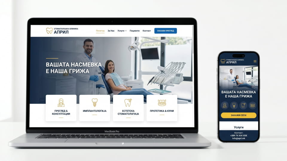 веб страна за стоматолог во Македонија со информации за услуги, online закажување и модерен дизајн